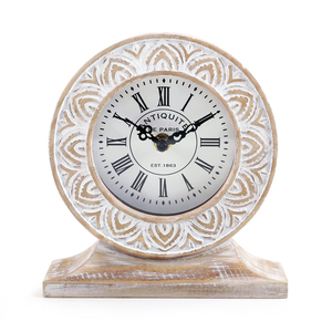 Horloge de table de bureau en bois sculpté à la main de conception Boho à piles pour étagères de bureau et étagères - Product Image 1