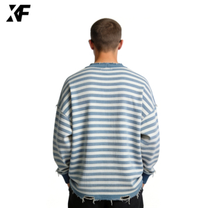 XUFEI T-shirt da <span class=keywords><strong>uomo</strong></span> personalizzata casual oversize in cotone pesante a nido d'ape, lavata, a righe, <span class=keywords><strong>termica</strong></span> a maniche lunghe - Product Image 3