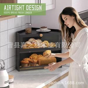 Double Layer Wooden Bread Storage Box Black Rectangle For <b>Kitchen</b> Pastries - Product Image 2