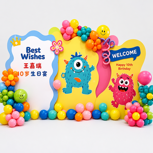 Décor d'anniversaire coloré style monstre, ensemble de ballons en panneau KT, impression numérique, pour photomaton de fête Joyeux Anniversaire - Product Image 5