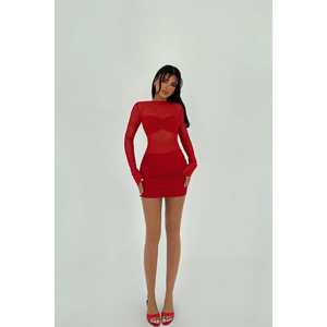 Robe moulante mini transparente rouge avec décorations florales 3D en strass, style simple, robe de club, tricotée à bandage empire - Product Image 3
