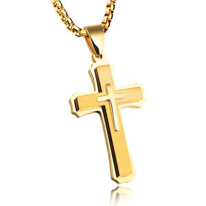 Grand collier pendentif en acier titane pour hommes et adolescents, bijoux, trois couches, croix de Jésus, crucifix, colliers avec chaîne en boîte - Product Image 3