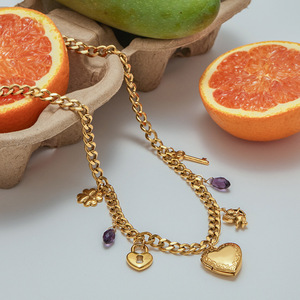 Collier en acier inoxydable avec pendentif cœur, plaqué or, clé et cadenas, améthyste, bijou cadeau - Product Image 2