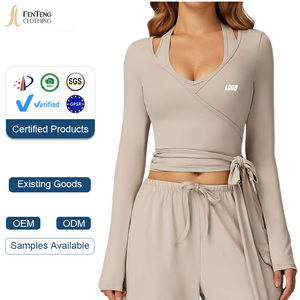Camisetas <span class=keywords><strong>de</strong></span> yoga y pilates <span class=keywords><strong>para</strong></span> mujer Under Lulu, personalizadas, estilo Balletcore, con lazo en la cintura, transpirables, con cuello en V y cinta decorativa. - Product Image 1