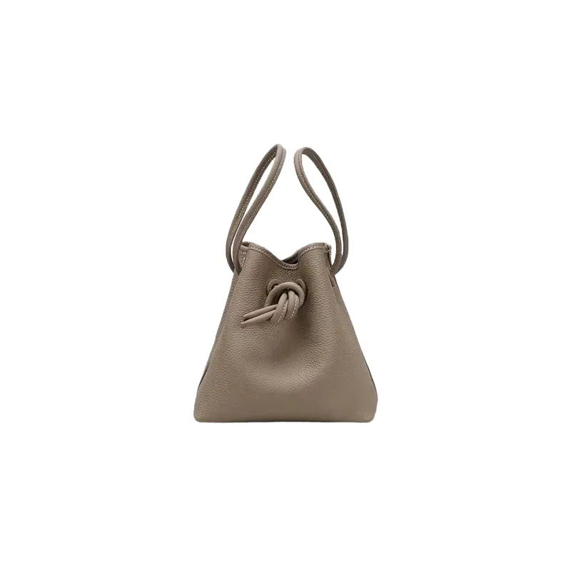 Women's Togo Genuine Leather Small Drawstring Bucket Bag Gray stone Cross body Purse Handbag