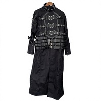 Manteau long noir gothique punk pour homme avec ceinture à boucle et col montant
