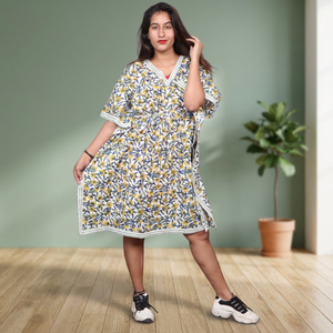 Floral Print Loose V-Neck Cotton <b>Kaftan</b> Dress Women Casual <b>Summer</b> Midi Length Cap Sleeve Breathable Woven Dress <b>Kaftan</b> - Product Image 2