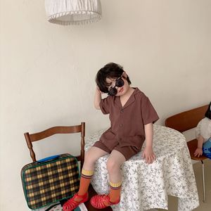 Ensemble d'été pour garçons en lin à manches courtes, couleur unie marron <span class=keywords><strong>beige</strong></span>, chemise et <span class=keywords><strong>short</strong></span> en lin, vente en gros Linda - Product Image 5