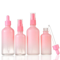 Vente en gros de flacons en verre pour huiles essentielles de luxe, dégradé rose givré, avec compte-gouttes, 10, 20, 30, 50 ml, avec emballage en boîtes pour cosmétiques
