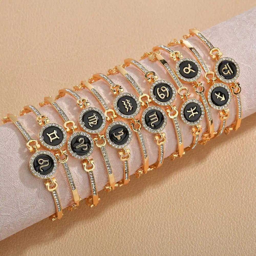 12 Design Zodiac Bracelets Bangles Jewelry Round Horoscope Astrology Bracelet Gold Color Diamond Pendant Charms Bracelet