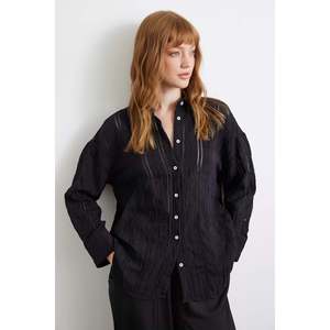 Chemise en organza rayée noire pour femme, décontractée, transparente, à porter au quotidien - Product Image 4