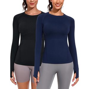 FOXA Camiseta Deportiva de Manga Larga para Mujer, Cuello Redondo, Sin Costuras, Secado Rápido, Compresión, para Yoga, Gimnasio, Correr, Paquete de 2 - Product Image 1