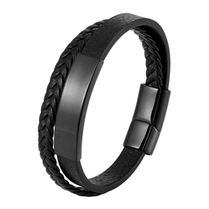 Wholesale Black Plated Hand-weaving Strand Stainless Steel Blank Bar Charm <b>Leather</b> <b>Bracelet</b> for Men - Product Image 5