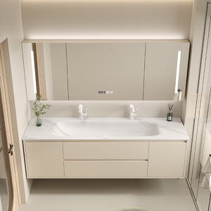 Fregadero de Placa de <span class=keywords><strong>Roca</strong></span> Multicapa de Madera Maciza Termoformada Estilo Crema Personalizado |   Mueble de Baño con <span class=keywords><strong>Espejo</strong></span> Inteligente y Doble Grifo - Product Image 1