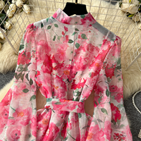 Robe Courte Élégante Femme à Imprimé Floral, Col Montant, Manches Longues Lanterne, Taille Nouée, Idéale pour les Fêtes et le Quotidien