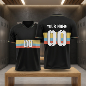 Maillot de football personnalisé pour homme, col en V noir, avec design rayé, impression sublimée, polyester respirant, manches courtes, sport adulte - Product Image 2