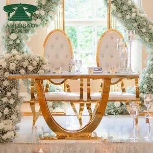 Juego de mesa de comedor con base de acero inoxidable dorado para novia y novio para parejas