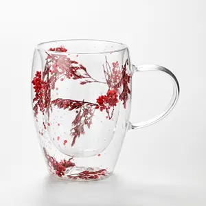 Verre borosilicaté isolé à boire chaud et froid, tout peut être utilisé Nouveau design Tasse à thé en verre à double paroi de style floral Tasse à lait