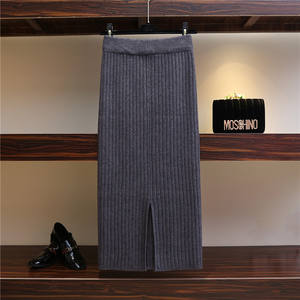 60-80CM Elastis Band Wanita Rok Musim Gugur Musim Dingin Hangat Rajutan Lurus Rok Bergaris Bergaris Mid-Rok Panjang - Product Image 5