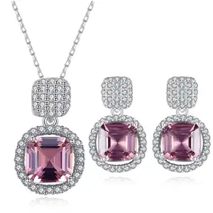 Popular Luxury Jewelry Dubai 925 Silver Fine Jewelry Red Asscher Cut Zircon Pendant Necklace Stud Earrings Jewelry Set