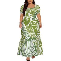 Robe longue pour femmes aux courbes généreuses, bleu marine, imprimé feuilles de palmier vintage, manches bouffantes, ourlet à volants, robe longue personnalisée pour les vacances et les fêtes