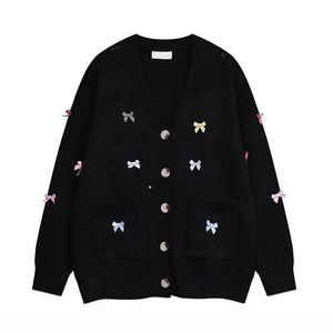 Women <b>Cardigan</b> Sweater Loose Fit Single Breasted Bow Knitwear Vintage Style Anti Pilling Soft Cozy Wear - Product Image 2