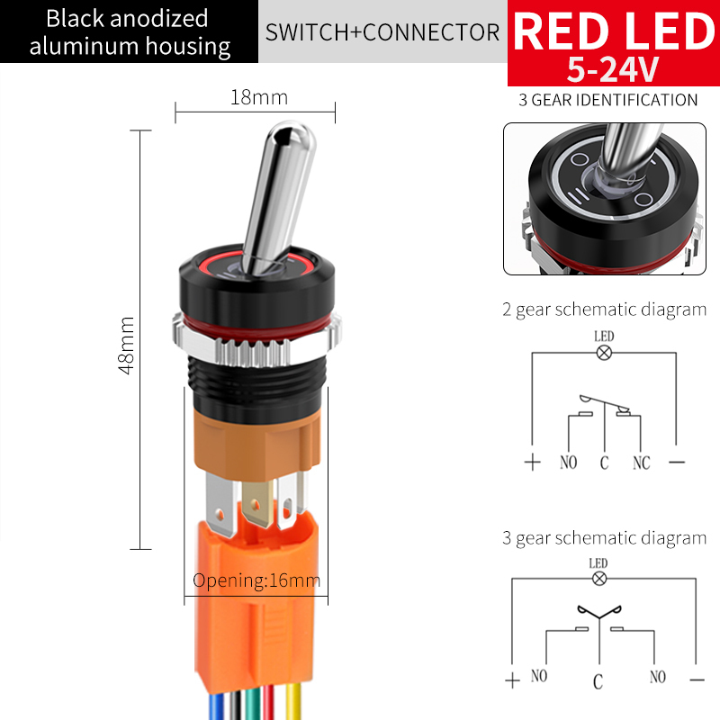 3-Pos/Black Anodized/Red+Connector/5-24V