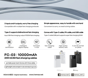Banco de Energía FC-03 de 10000mAh, Carga Rápida de 20W+22.5W, Linterna LED Integrada, con Cables de Carga Dobles, FC-03 20W + 22.5W Carga Rápida Dual - Product Image 5