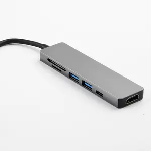 Stasiun Docking Adaptor 6in1 Tipe C Pabrik dengan 4K 60Hz HDMI 2 USB 3.0 Pembaca Kartu SD/TF Tipe C Hub Hdmi untuk Komputer