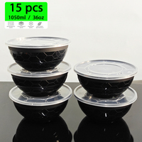 Boîtes à lunch jetables noires pour la préparation de repas Bento, boîtes à lunch en plastique micro-ondable pour le stockage de nouilles à emporter, 1050ml 36oz, 15 pièces