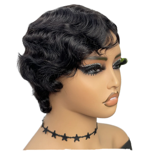 <span class=keywords><strong>Parrucche</strong></span> <span class=keywords><strong>Corte</strong></span> Pixie Cut in Capelli Umani per Donne, Parrucca con Onde Finger Wave, Colore Naturale, Senza Colla, Realizzata a Macchina - Product Image 3