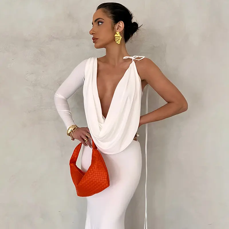 Sâu V Phụ Nữ Buổi Tối Thanh Lịch Backless Một Vai Dài Tay Áo Ống Phụ Nữ Maxi Dress 2023 New Đảng Mỹ Quần Áo