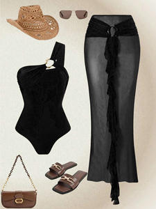 מלאי שני צבעים נשים מעצבים שתי חתיכות בגדי ים בגד כתף אחד בגד ים וחצאית סט עטיפה S-XL - Product Image 4