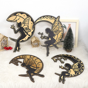 Pendentif ange lunaire en bois, 2 pièces, décoration murale bohème, décoration de la maison, forme irrégulière, matériau en buis - Product Image 2