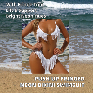 Maillot de bain push-up uni avec franges et pompons pour femme, rose vif, vert fluo, sexy, nouveauté - Product Image 2