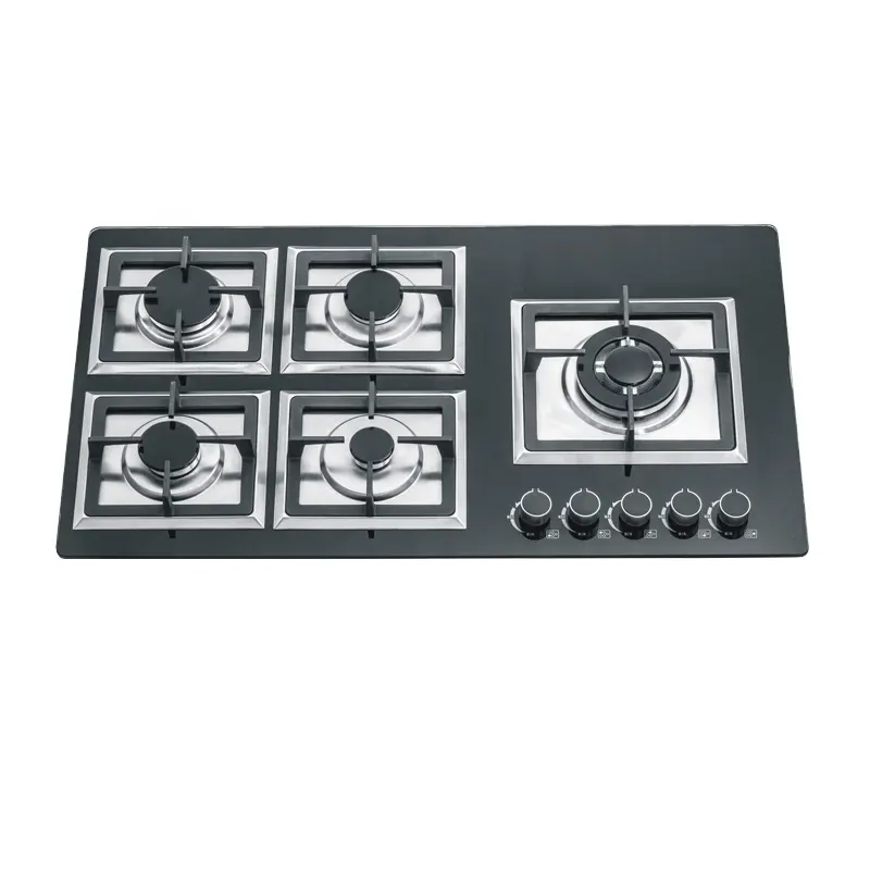 5 Burners Glass Stove with Blue Flame Cast Iron Pan Support Cooking Hob Kitchen Hob with Safety Device Gas Cookers