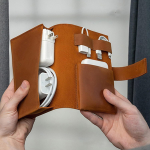 Premium Leather Luxury Durable Cable Organizer Pouch Waterproof Shockproof Buckle Closure Daily Use USB Charger Cord - Product Image 1