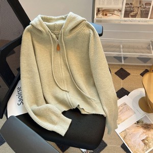 Women Hooded <b>Zipper</b> Knit Cardigan Loose Fit Solid Color Early Autumn <b>Top</b> Anti-Pilling Design - Product Image 5