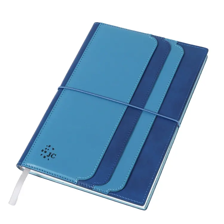 Cover Kulit Biru Rencana Tahunan Elastic Band Notebook Memo dengan Saku untuk Bisnis