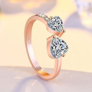 Women Mirco Pave Moissanite Diamond <b>Ring</b> <b>Adjustable</b> <b>Silver</b> Plated Double Heart Cubic Zirconia Wedding Engagement <b>Ring</b> - Product Image 4