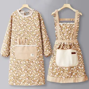 Hot Stylish Flower Pattern Fashion Floral Cotton Chef Household Adult Cooking Cook Womens Ruffled Apron Bib With Pockets