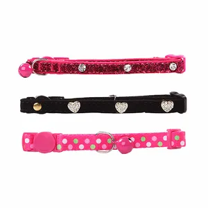 Pawise Diamond Heart Design Adjustable Cat Collar with Bell Polka Dots Cat Puppy Safe Necklace Pet Supplies