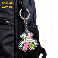 Porte-clés flacon de laboratoire Patri & Rober rose et vert avec bannière, breloque en acrylique transparent, anneau et chaîne métalliques, pour sacs à dos