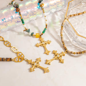 <b>Cross</b> Pendant Necklace Stainless Steel 18K Gold Color Clavicle <b>Chain</b> Instagram Style Natural Stone Jewelry - Product Image 1