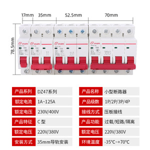 Disjoncteur miniature série DZ47 1P/2P/3P/4P 1A-125A 230V/400V Montage sur rail Type C Protection contre les surcharges et les courts-circuits - Product Image 1