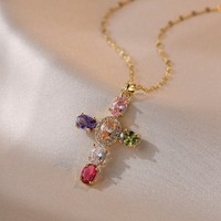 Collar con Cruz de Circonitas Cúbicas Coloridas, Chapado en Oro de 18K, Acero Inoxidable Antideslustre, Joyería para Mujer