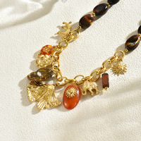 Kalung Statement Vintage Boho Emas Grosir, Rantai Manik-Manik Retro Bertekstur, Liontin Bunga Kerang, Perhiasan Fashion Wanita