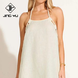 Robe dos nu en coton de couleur avoine sur mesure OEM, avec bordure en corde, = robe décontractée à bretelles en lin 100% de haute qualité - Product Image 6