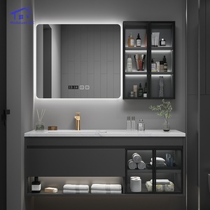 Mueble de baño inteligente negro con espejo inteligente semitransparente, lavabo blanco y gabinete colgante. - Product Image 2