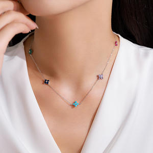 <b>Lucky</b> S925 Sterling Silver Round Cut Zirconia Colored Four-Leaf Clover Pendant <b>Necklace</b> Creative Gift for Women - Product Image 2